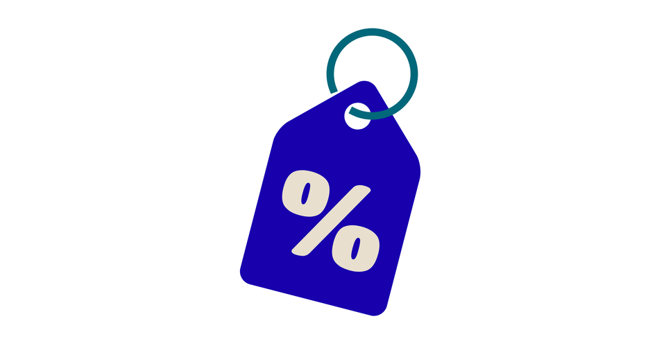 Stylised price tag with percentage symbol representing discounts and daily calculations.